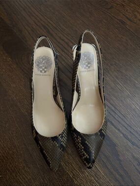 Vince Camuto Snake-Print Slingback Pointed Pumps in Brown and Black